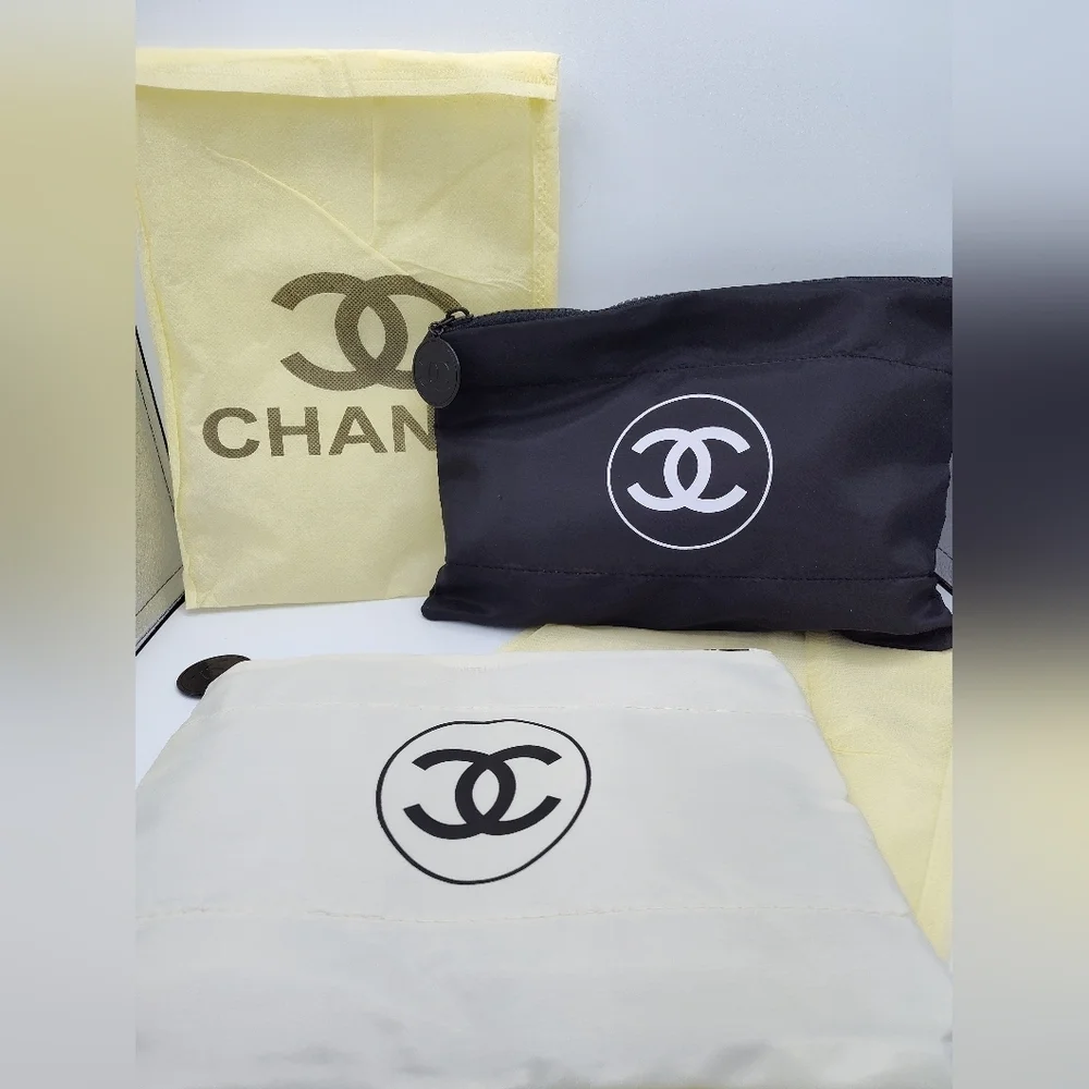 AUTHENTIC CHANEL Cosmetic Pouch Set Black & White w/ Dust Bags & Tags SET
